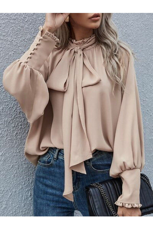 Tie Neck Lantern Sleeve Blouse - Blouses - FITGGINS