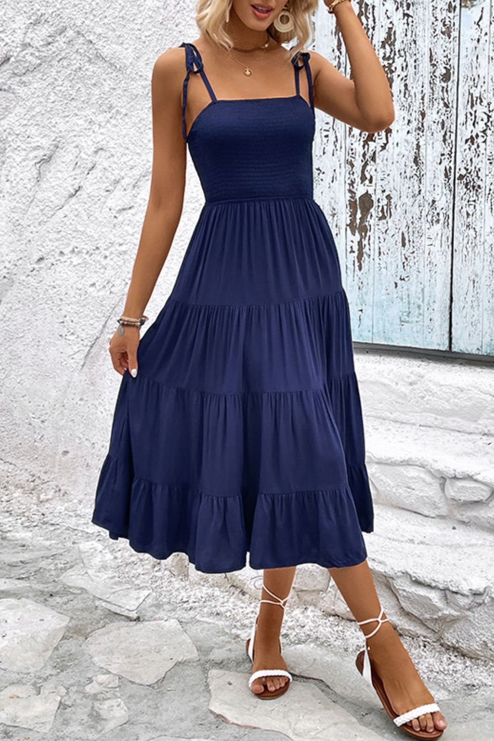 Tie-Shoulder Tiered Midi Dress - Casual & Maxi Dresses - FITGGINS
