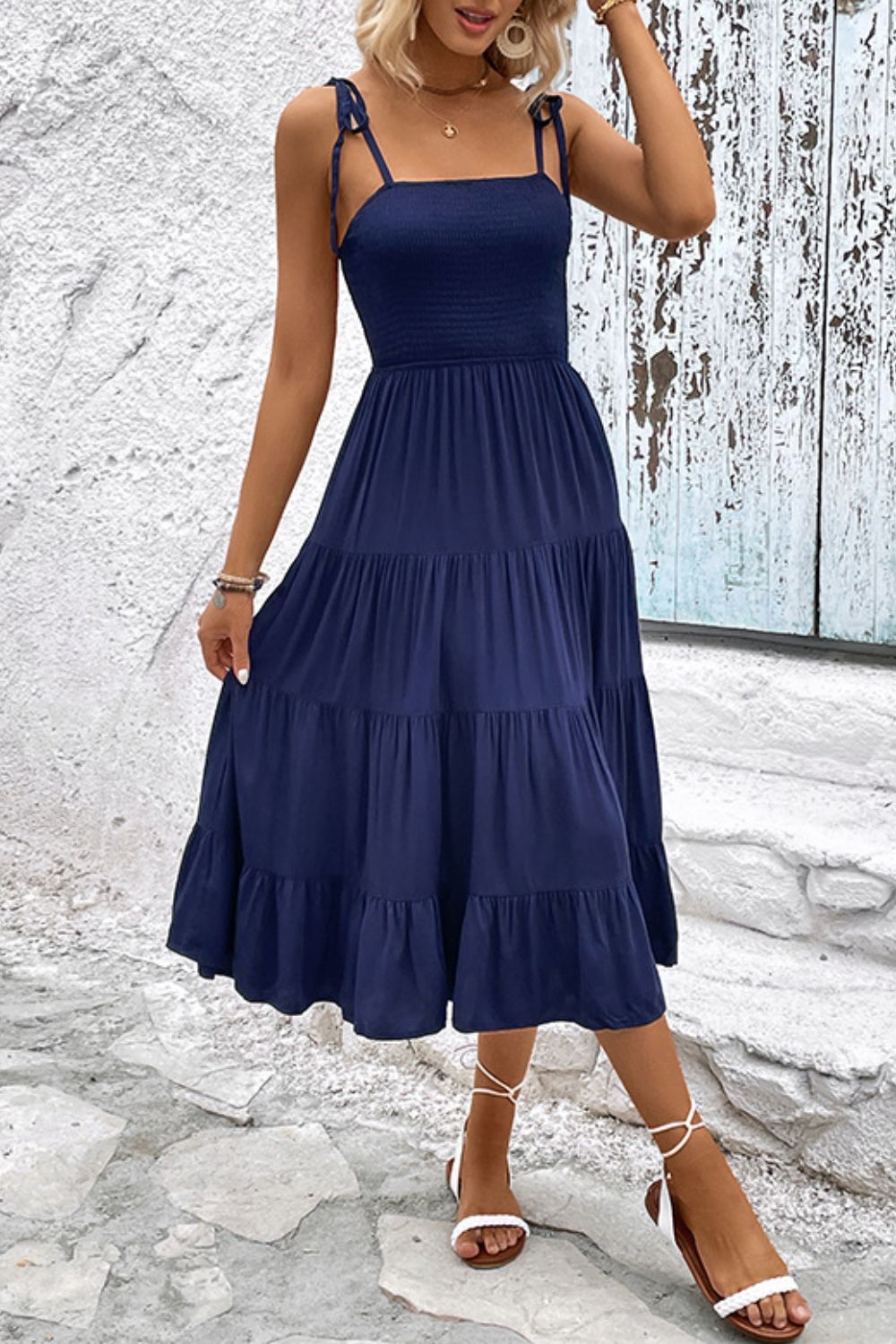 Tie-Shoulder Tiered Midi Dress for Effortless Style