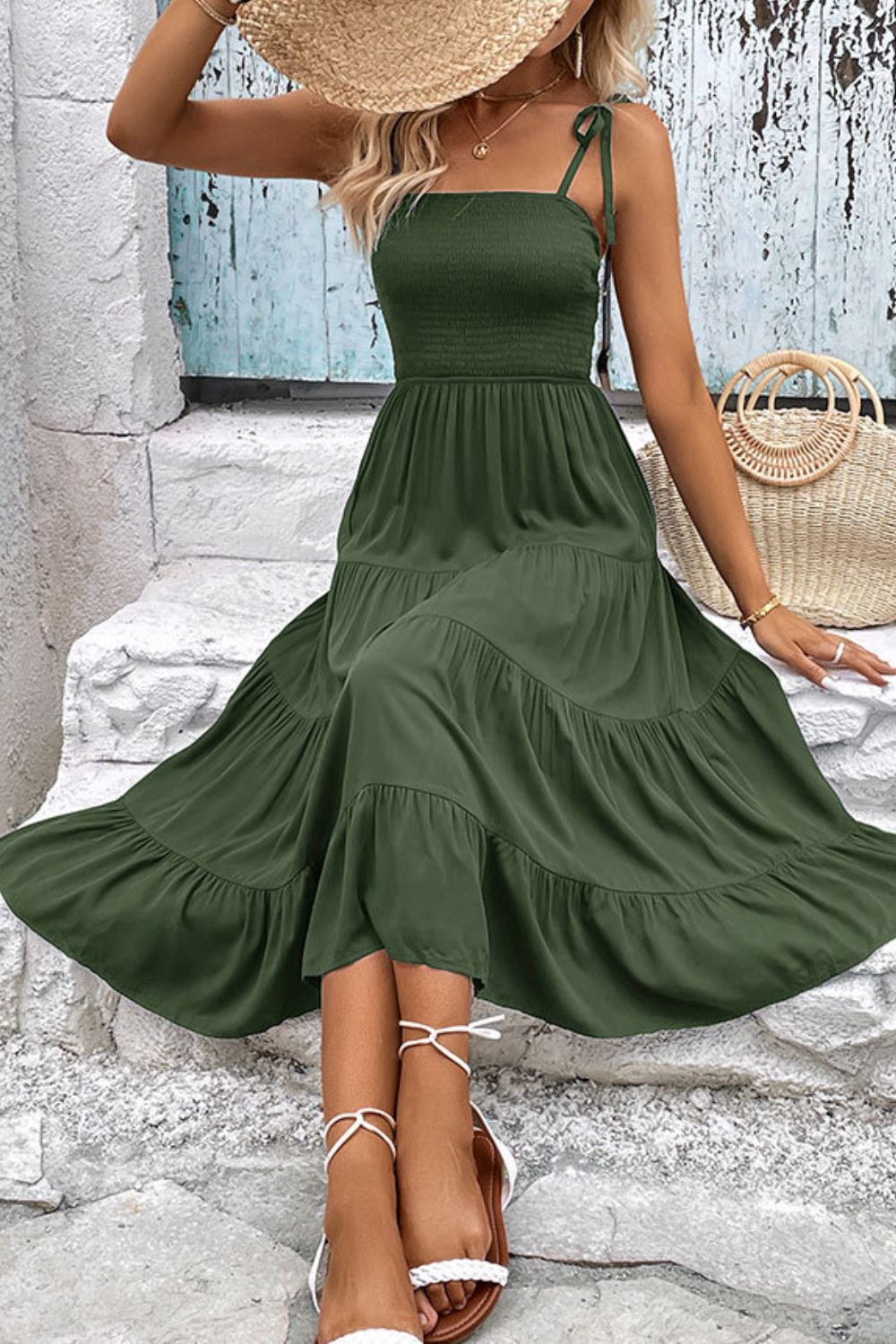 Tie-Shoulder Tiered Midi Dress - Casual & Maxi Dresses - FITGGINS