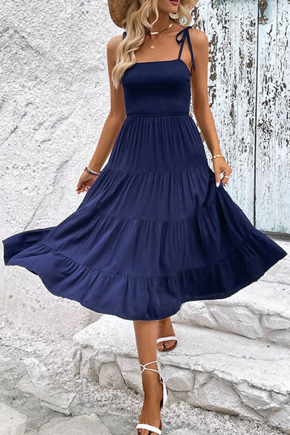 Tie-Shoulder Tiered Midi Dress - Casual & Maxi Dresses - FITGGINS