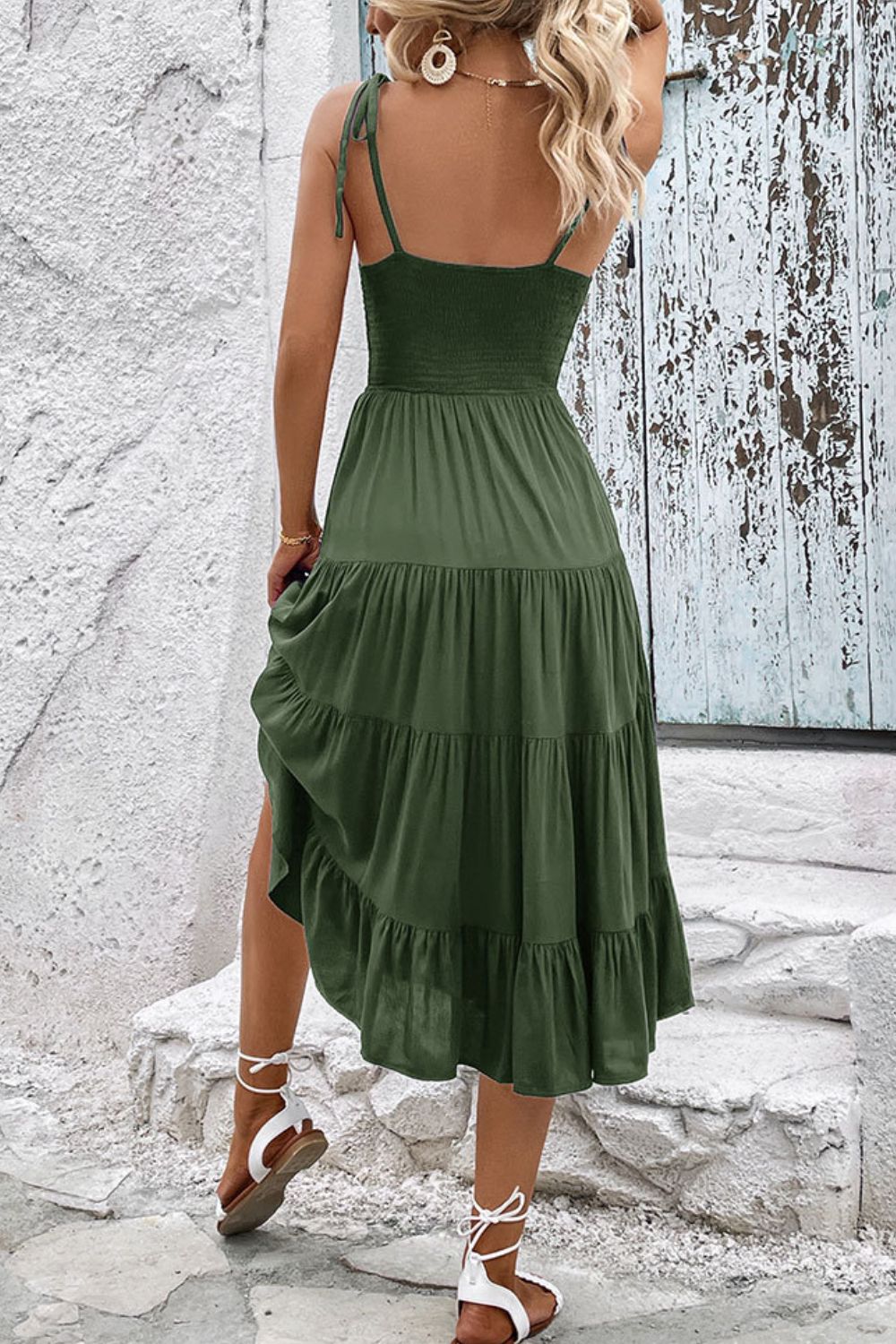 Tie-Shoulder Tiered Midi Dress - Casual & Maxi Dresses - FITGGINS