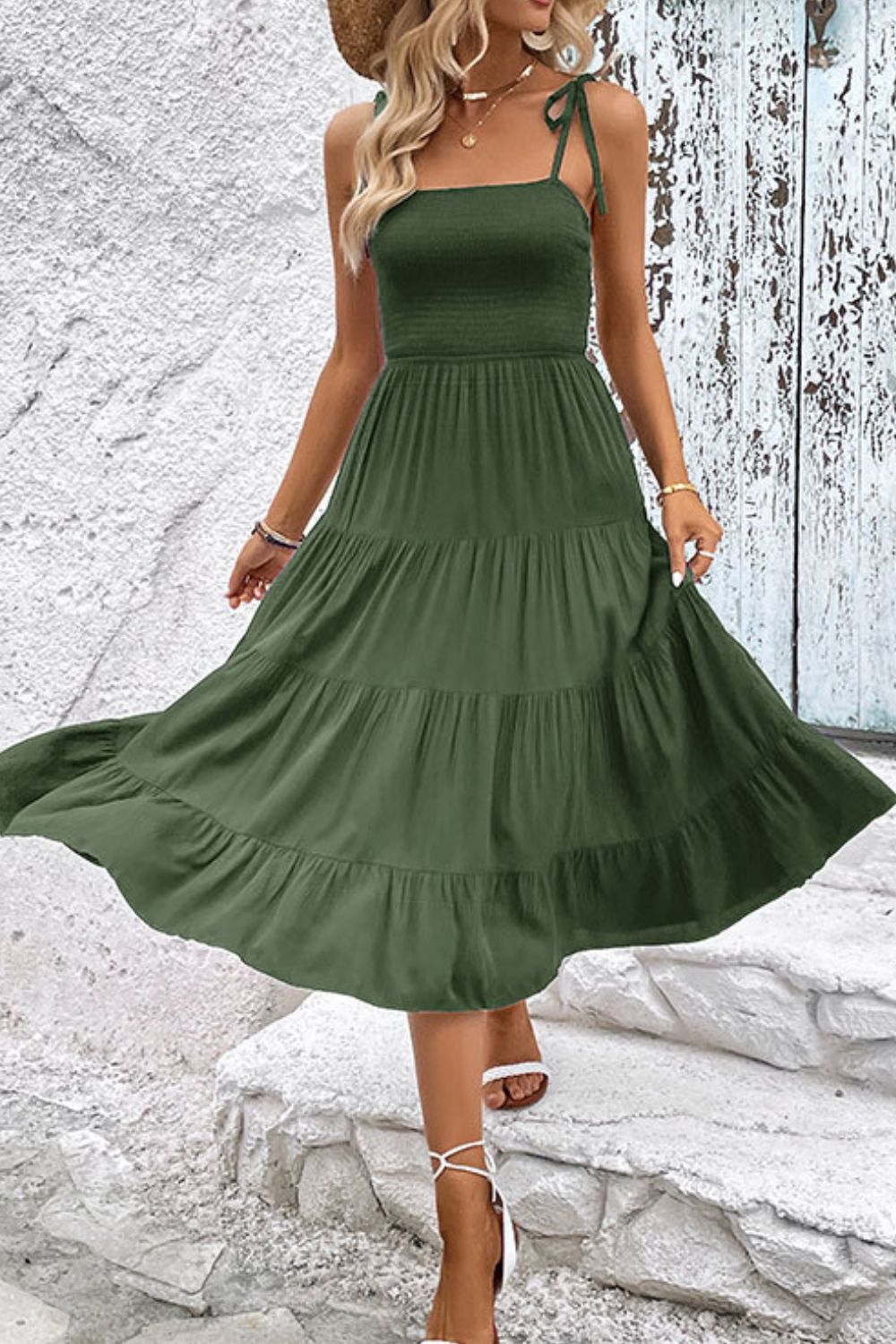 Tie-Shoulder Tiered Midi Dress - Casual & Maxi Dresses - FITGGINS