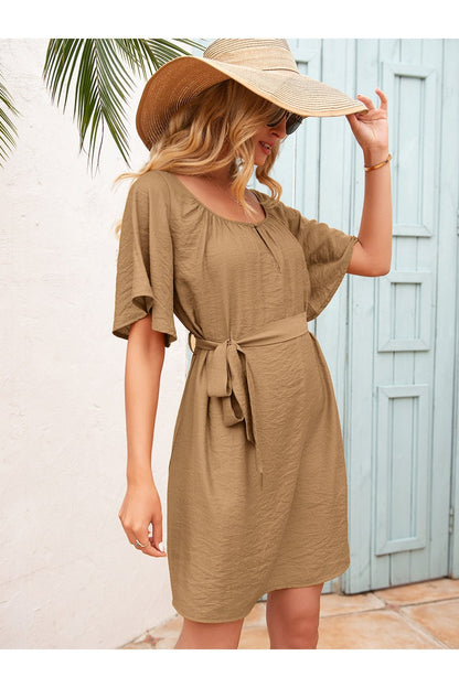 Tie Waist Flutter Sleeve Mini Dress - Casual & Maxi Dresses - FITGGINS