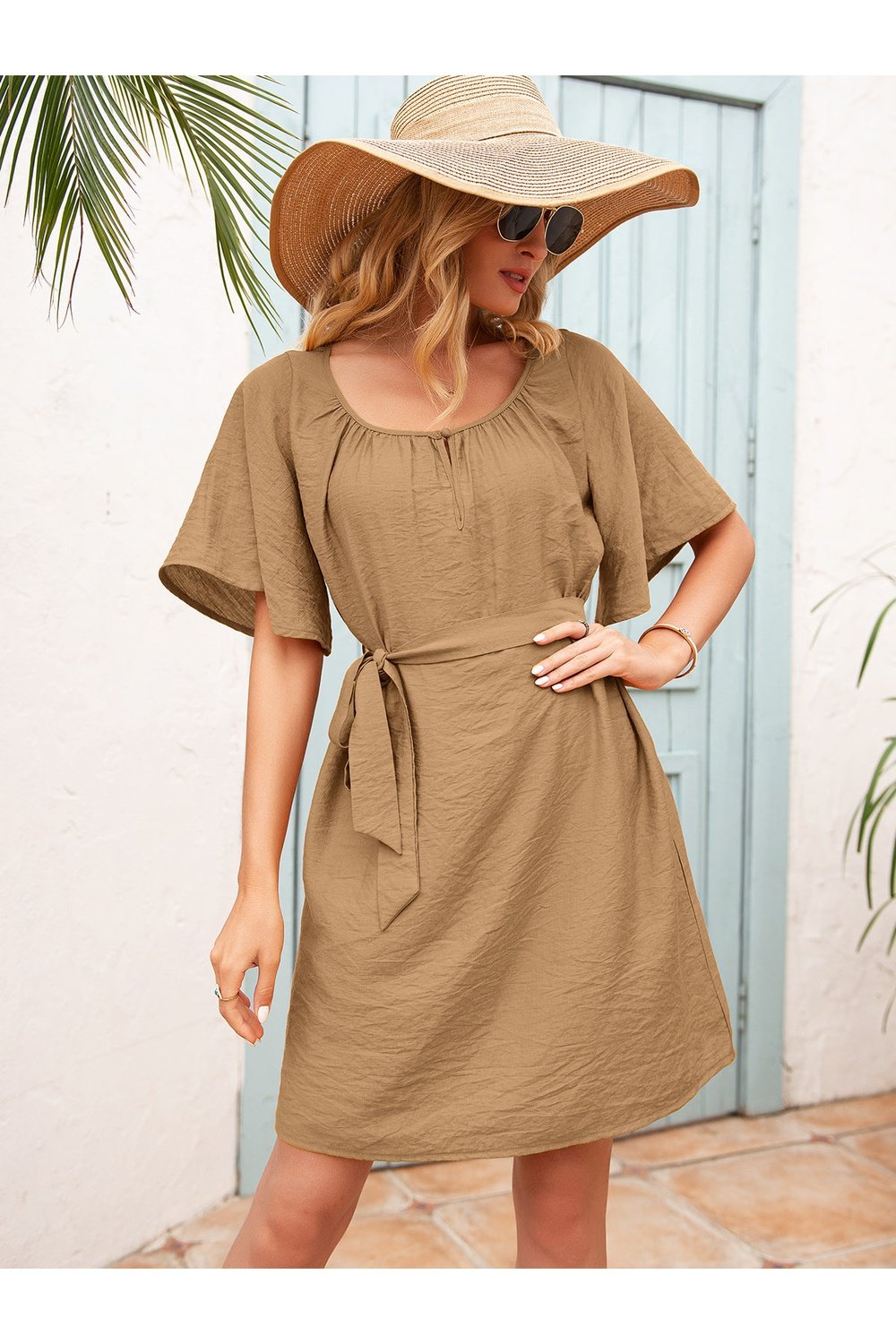 Tie Waist Flutter Sleeve Mini Dress - Casual & Maxi Dresses - FITGGINS