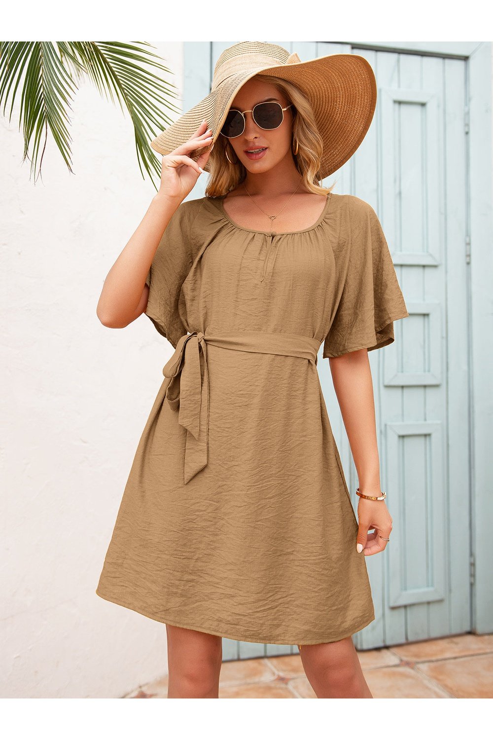 Tie Waist Flutter Sleeve Mini Dress - Casual & Maxi Dresses - FITGGINS