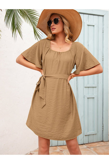 Tie Waist Flutter Sleeve Mini Dress - Casual & Maxi Dresses - FITGGINS