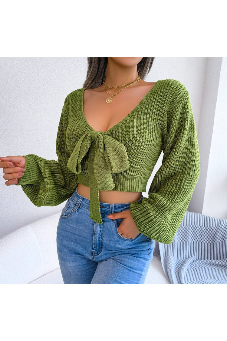 Tie-Front Rib-Knit Cropped Sweater - Pullover Sweaters - FITGGINS
