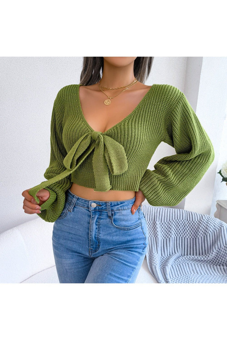 Tie-Front Rib-Knit Cropped Sweater - Pullover Sweaters - FITGGINS
