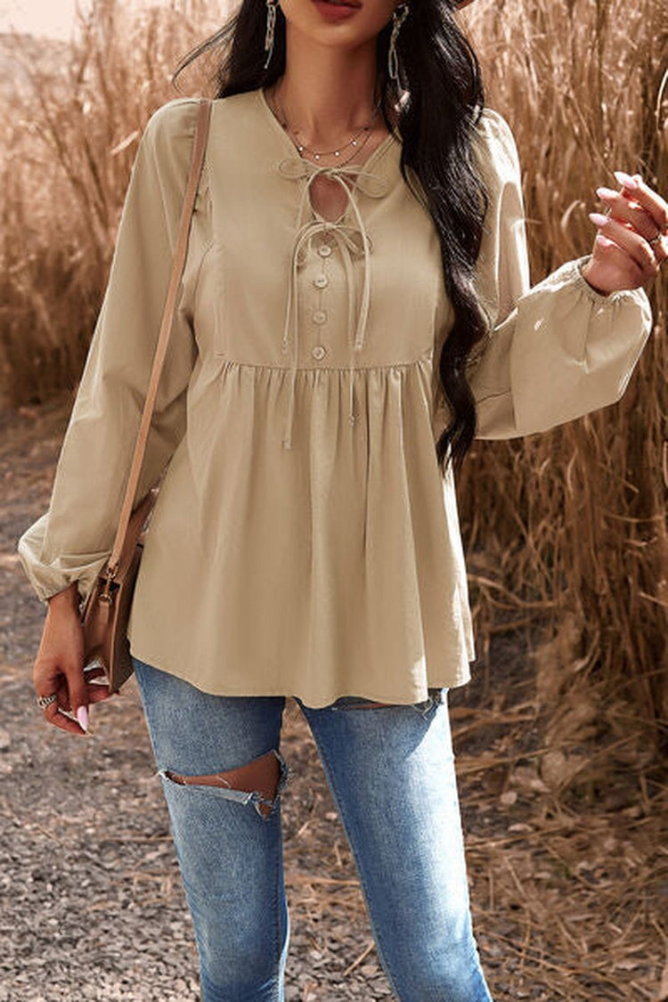 Tied Decorative Button Balloon Sleeve Blouse - Blouses - FITGGINS