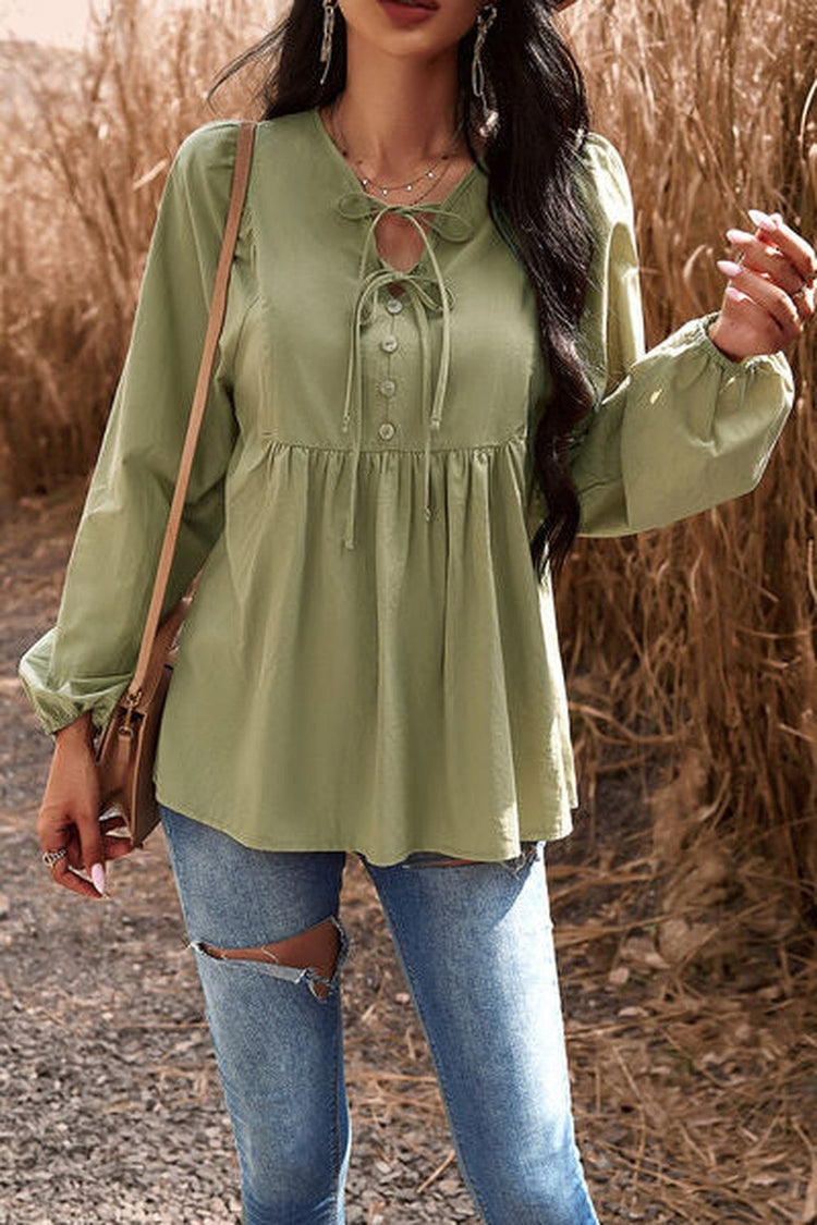 Tied Decorative Button Balloon Sleeve Blouse - Blouses - FITGGINS