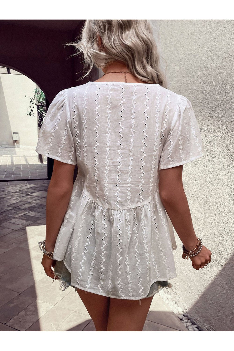 Tied Decorative Buttons Short Puff Sleeve Blouse