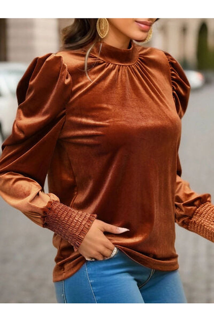 Tied Mock Neck Puff Sleeve Blouse - Blouses - FITGGINS