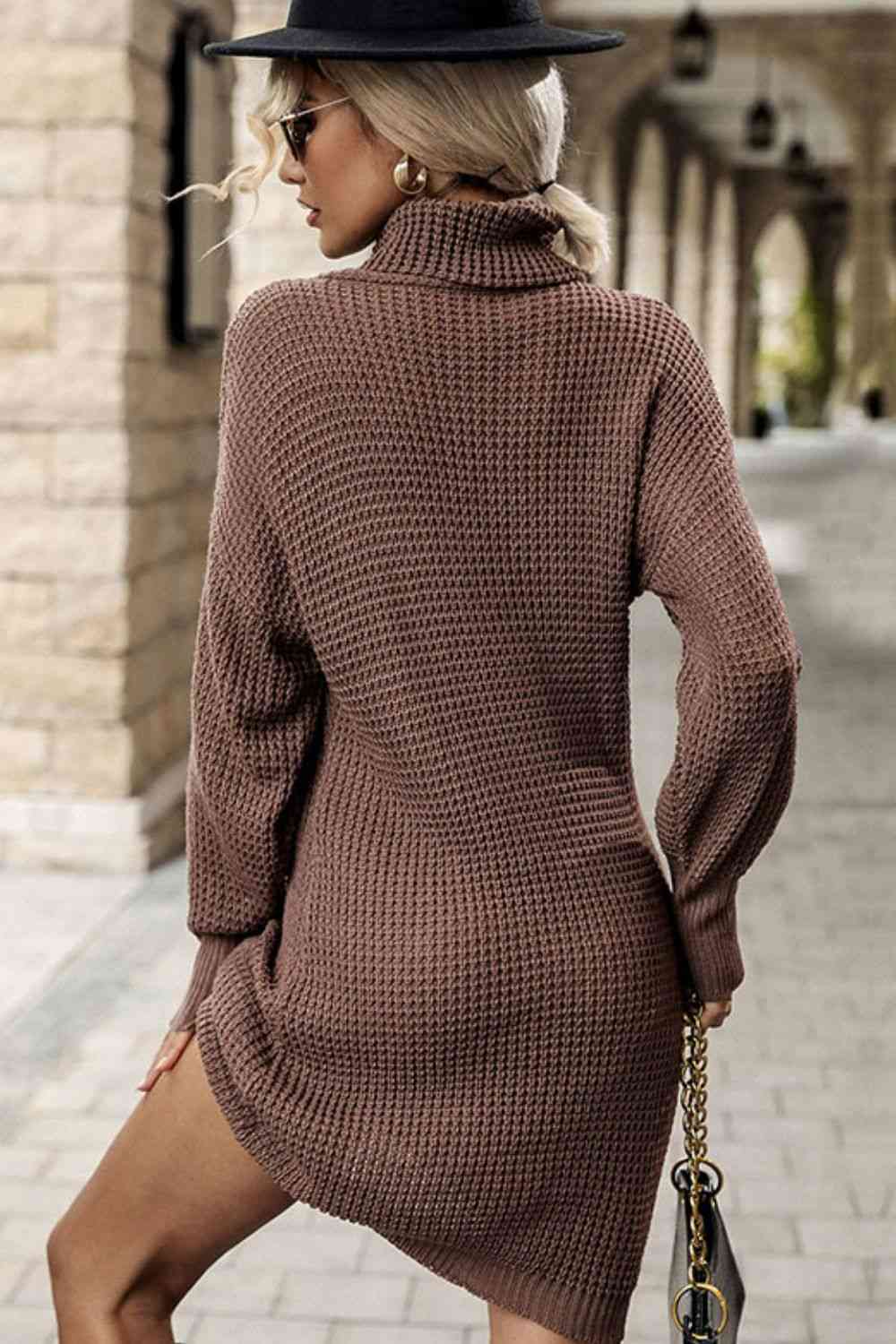 Turtleneck Dropped Shoulder Mini Sweater Dress - Sweater Dresses - FITGGINS