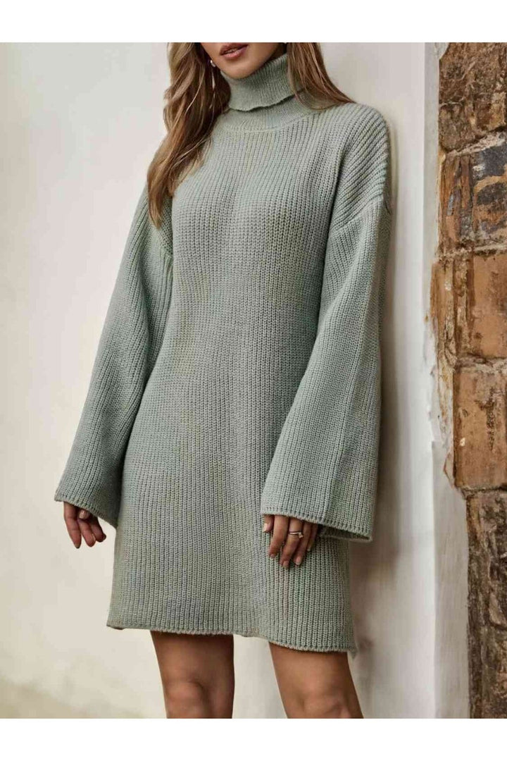 Turtleneck Dropped Shoulder Sweater Dress - Sweater Dresses - FITGGINS