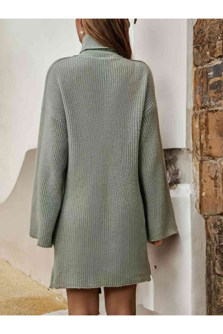 Turtleneck Dropped Shoulder Sweater Dress - Sweater Dresses - FITGGINS