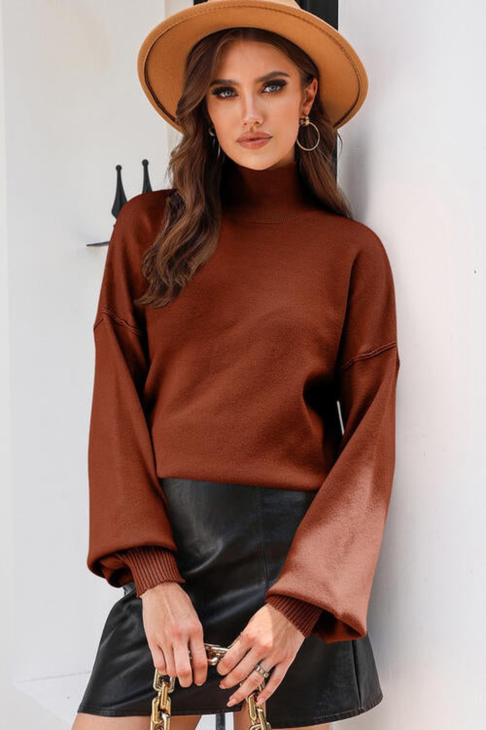 Turtleneck Lantern Sleeve Sweater - Pullover Sweaters - FITGGINS