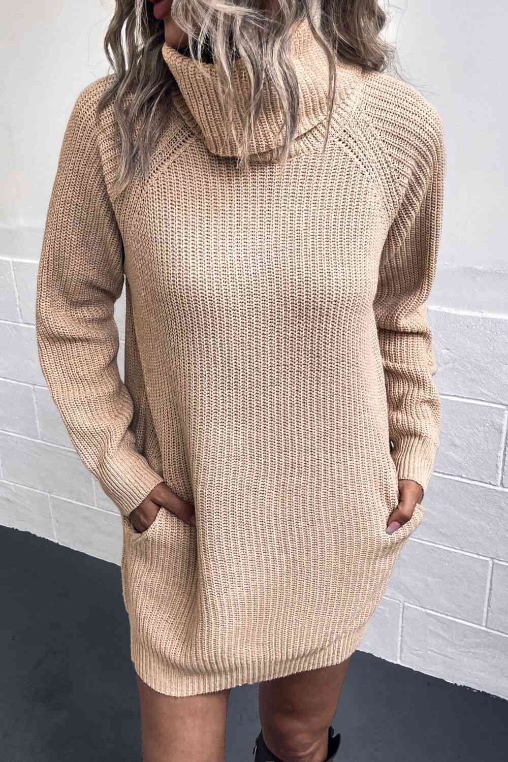 Turtleneck Sweater Dress with Pockets - Sweater Dresses - FITGGINS