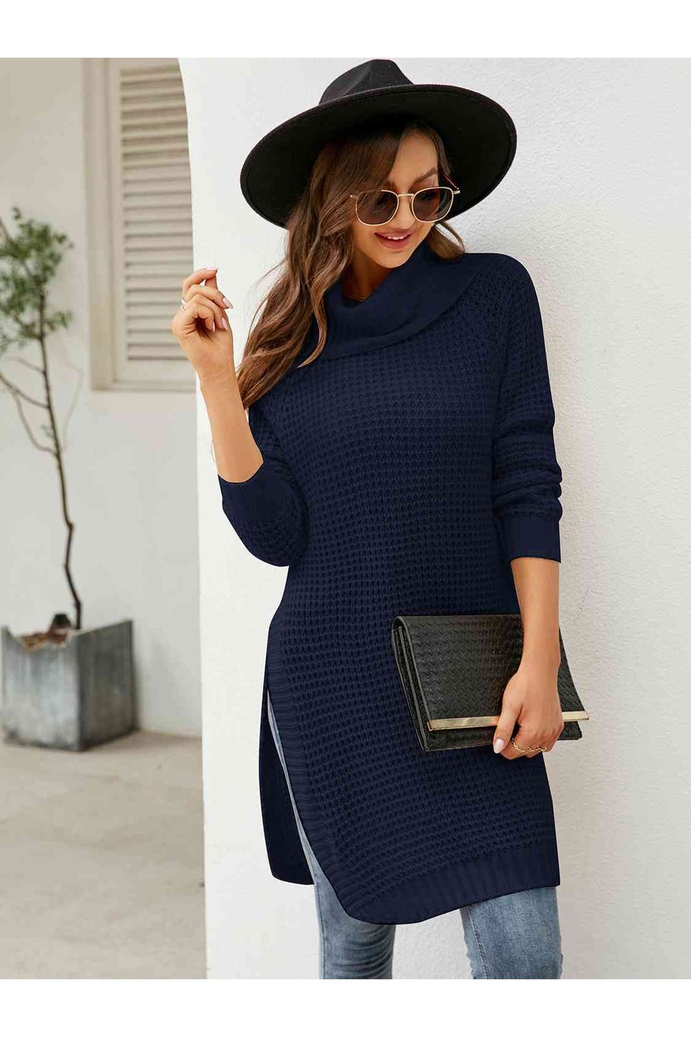 Turtleneck Waffle-Knit Slit Sweater Dress - Sweater Dresses - FITGGINS