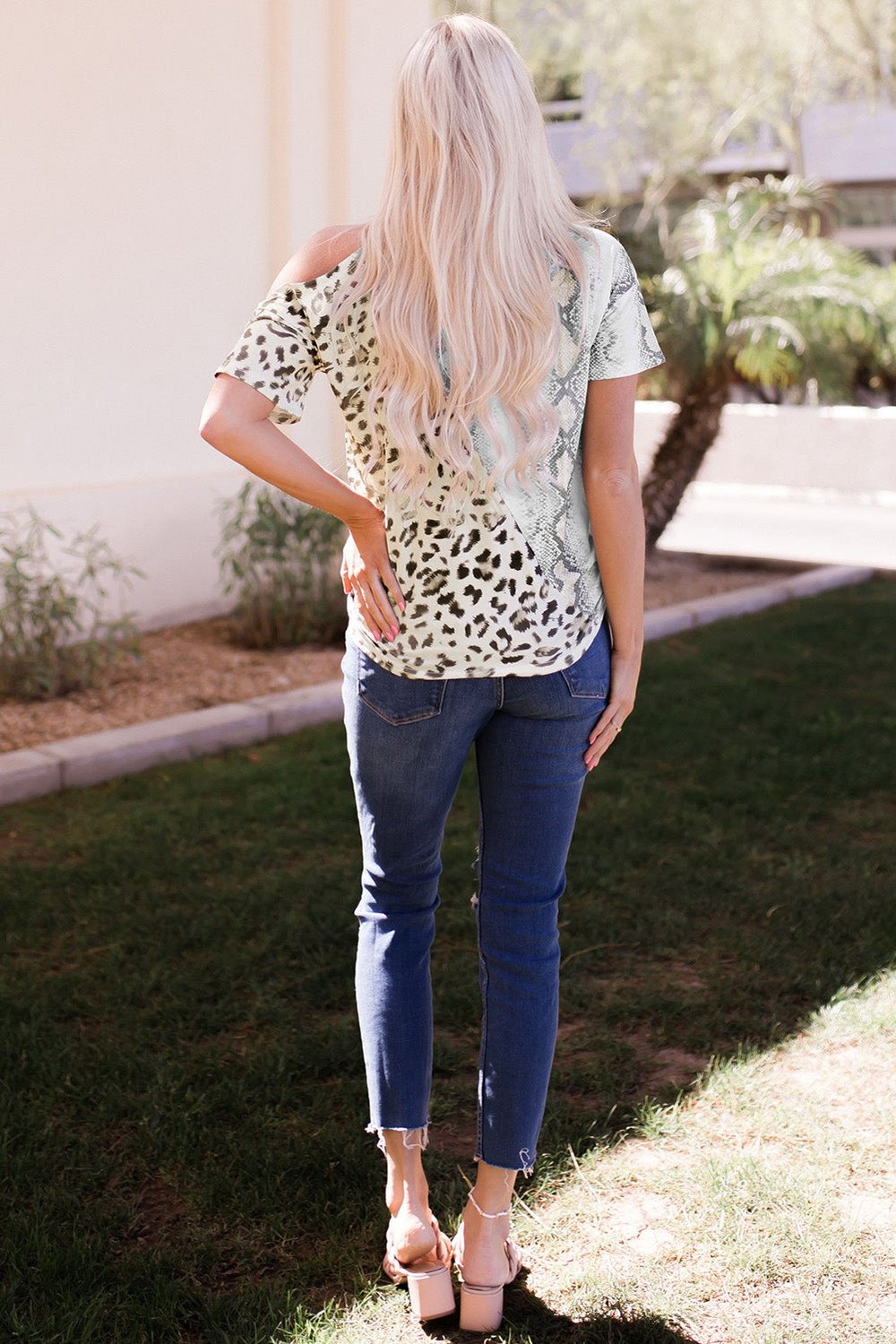 Two-Tone Animal Print Cutout Tee - T-Shirts - FITGGINS
