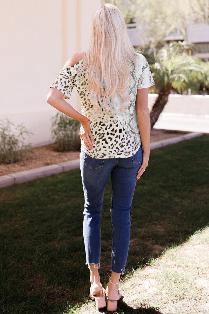 Two-Tone Animal Print Cutout Tee - T-Shirts - FITGGINS