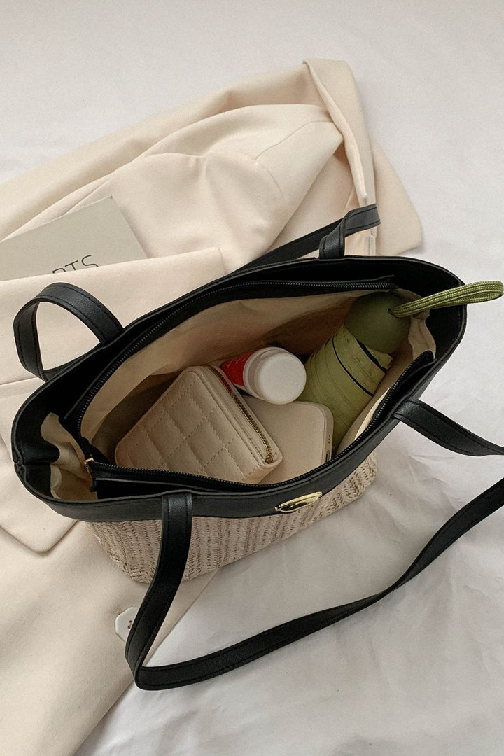 Two-Tone Straw PU Tote Bag - Handbag - FITGGINS