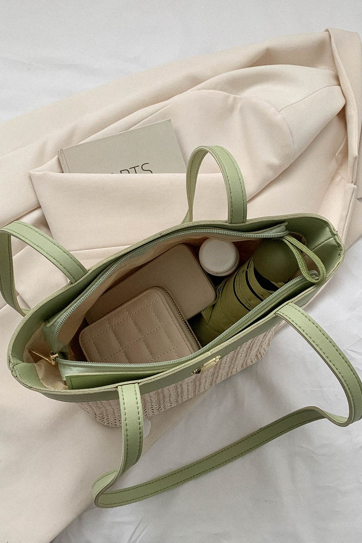 Two-Tone Straw PU Tote Bag - Handbag - FITGGINS