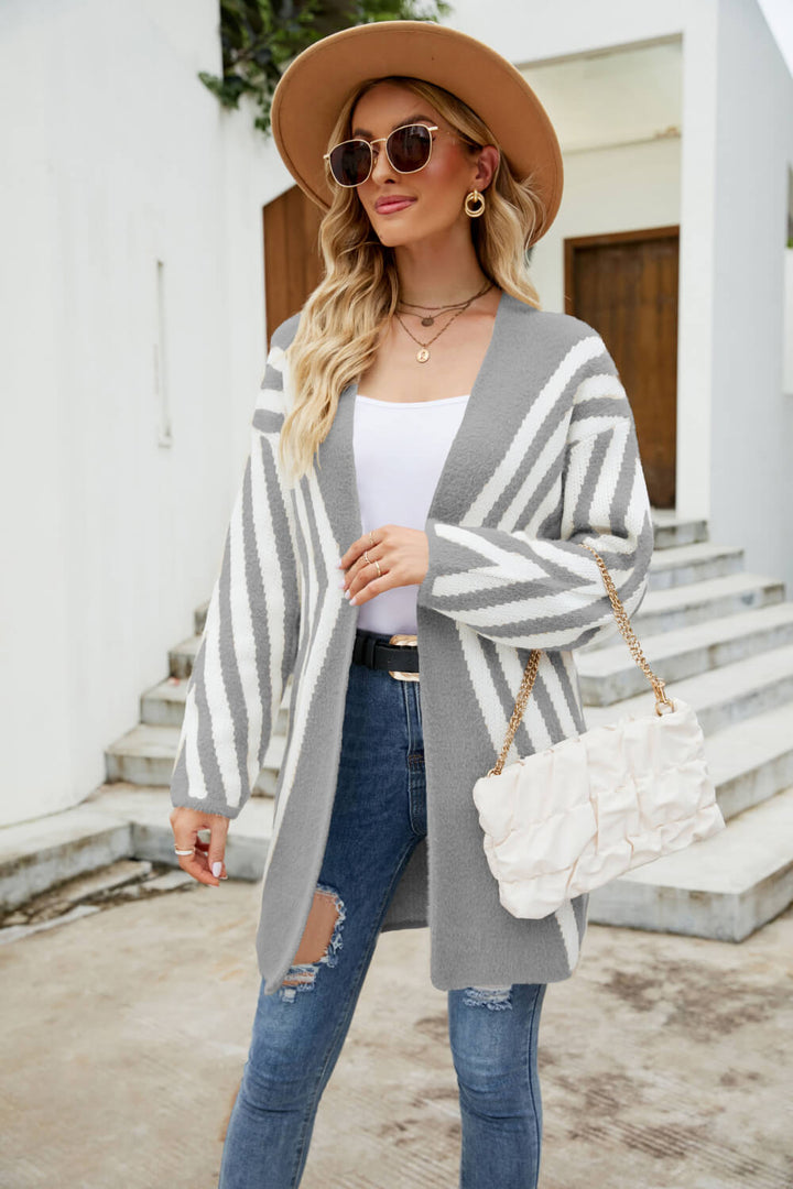 Two-Tone Open Front Fuzzy Longline Cardigan - Cardigans - FITGGINS