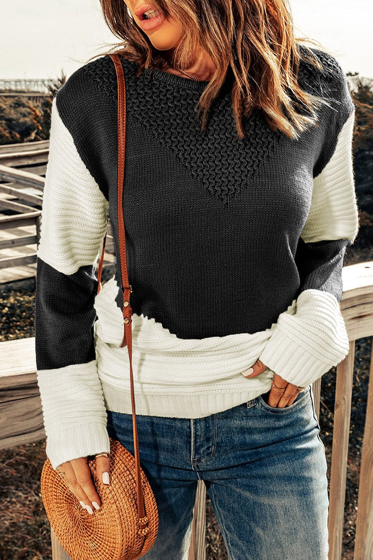 Two-Tone Openwork Rib-Knit Sweater - Pullover Sweaters - FITGGINS