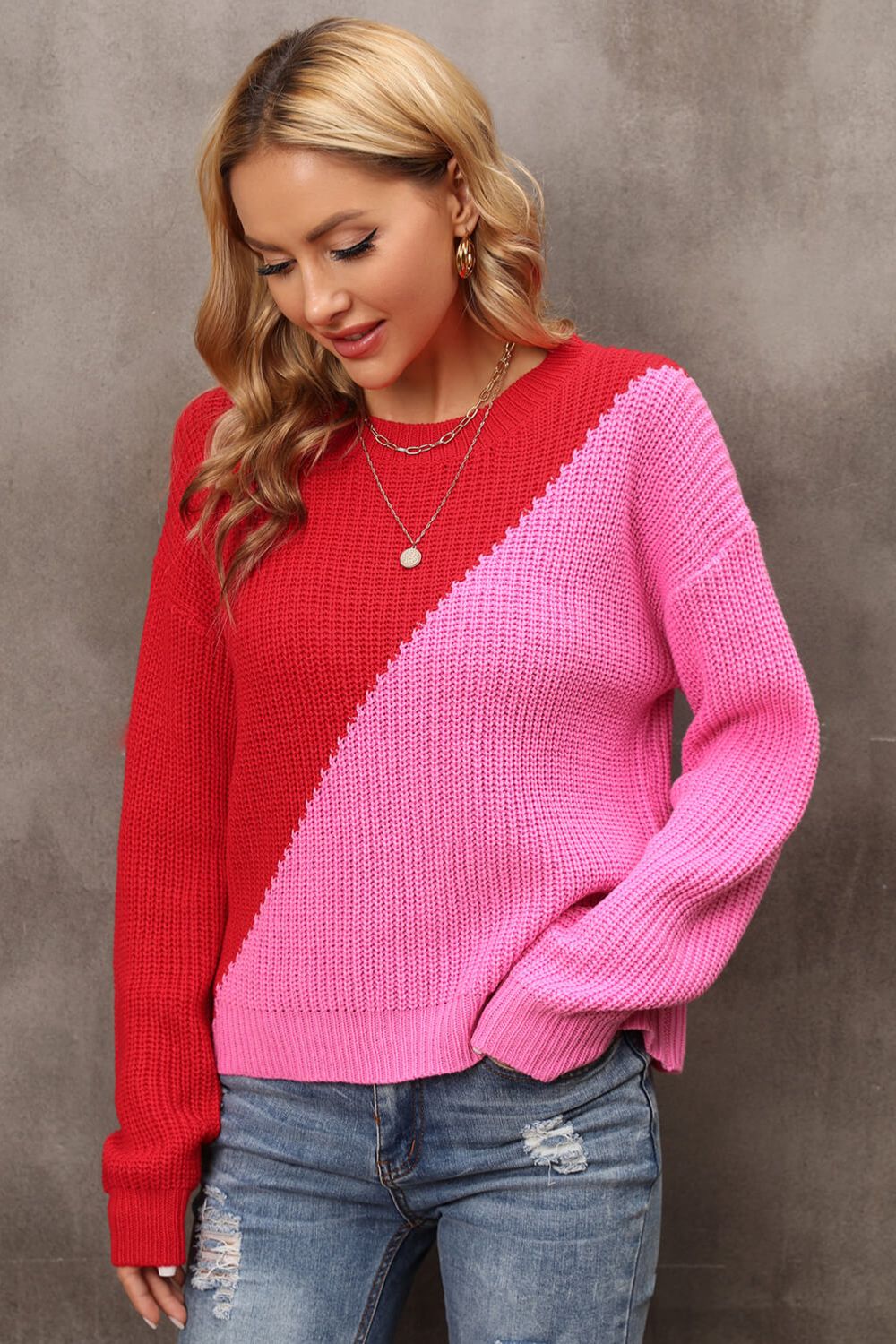 Two-Tone Round Neck Dropped Shoulder Sweater - Pullover Sweaters - FITGGINS