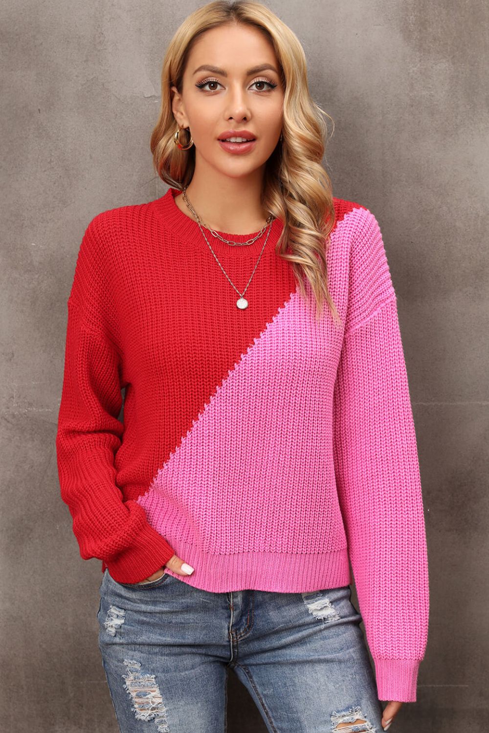 Two-Tone Round Neck Dropped Shoulder Sweater - Pullover Sweaters - FITGGINS
