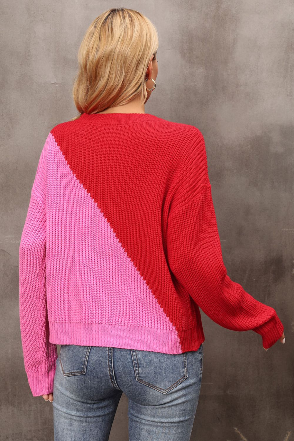 Two-Tone Round Neck Dropped Shoulder Sweater - Pullover Sweaters - FITGGINS