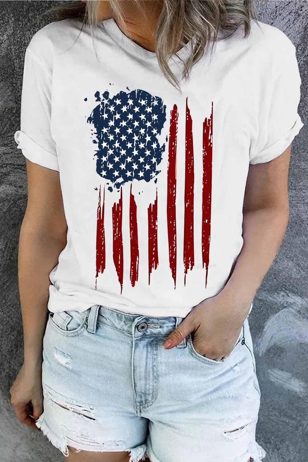 US Flag Graphic Round Neck Short Sleeve Tee - T-Shirts - FITGGINS