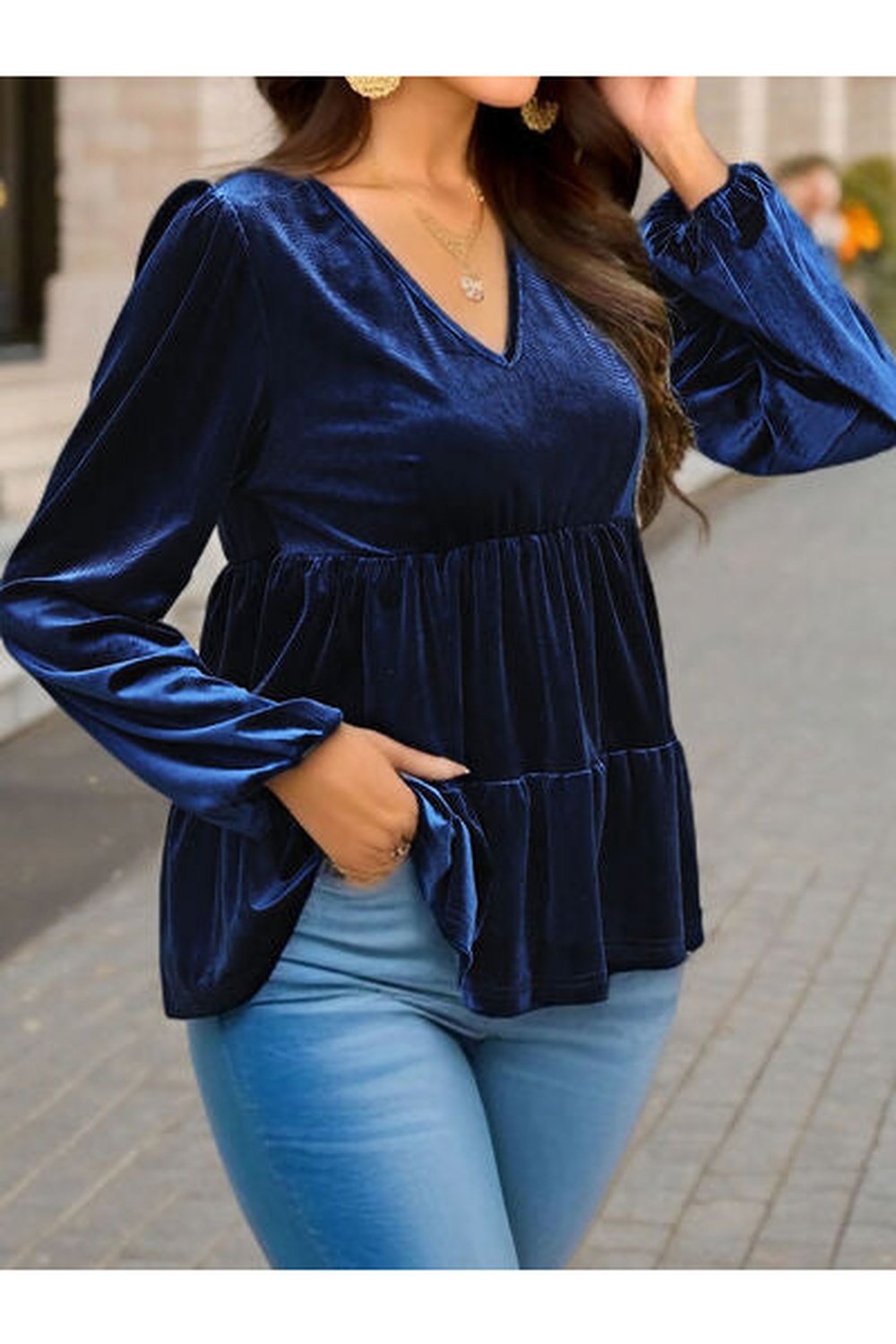 V-Neck Balloon Sleeve Peplum Blouse - Blouses - FITGGINS