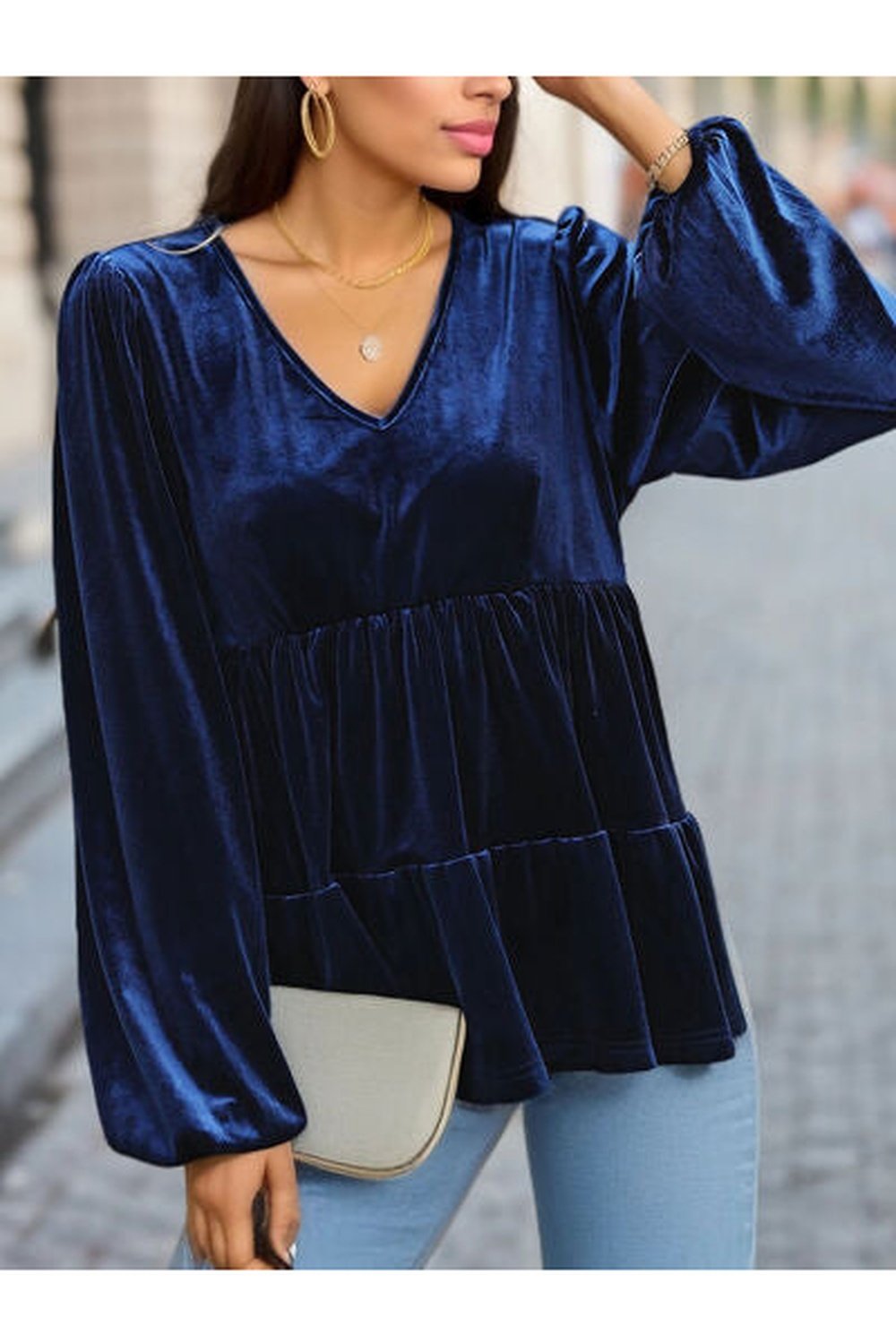 V-Neck Balloon Sleeve Peplum Blouse - Blouses - FITGGINS