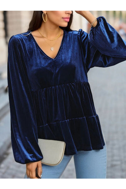 V-Neck Balloon Sleeve Peplum Blouse - Blouses - FITGGINS