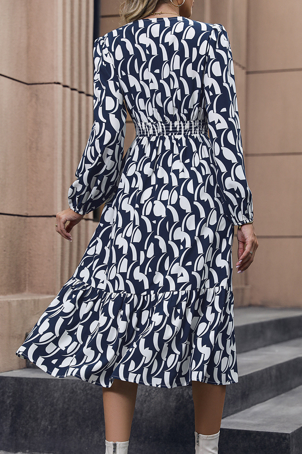 V-Neck Buttoned Long Sleeve Dress - Casual & Maxi Dresses - FITGGINS