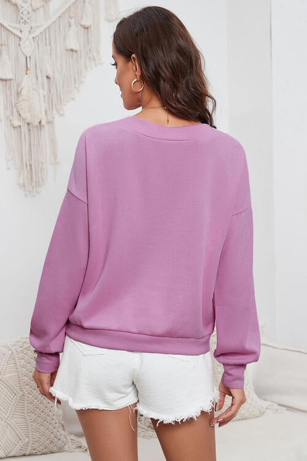 V-Neck Buttoned Long Sleeve Knit Top - Pullover Sweaters - FITGGINS