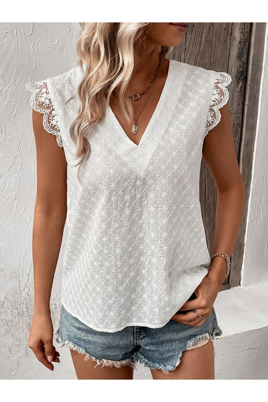 V-Neck Cap Sleeve Spliced Lace Top - Blouses - FITGGINS