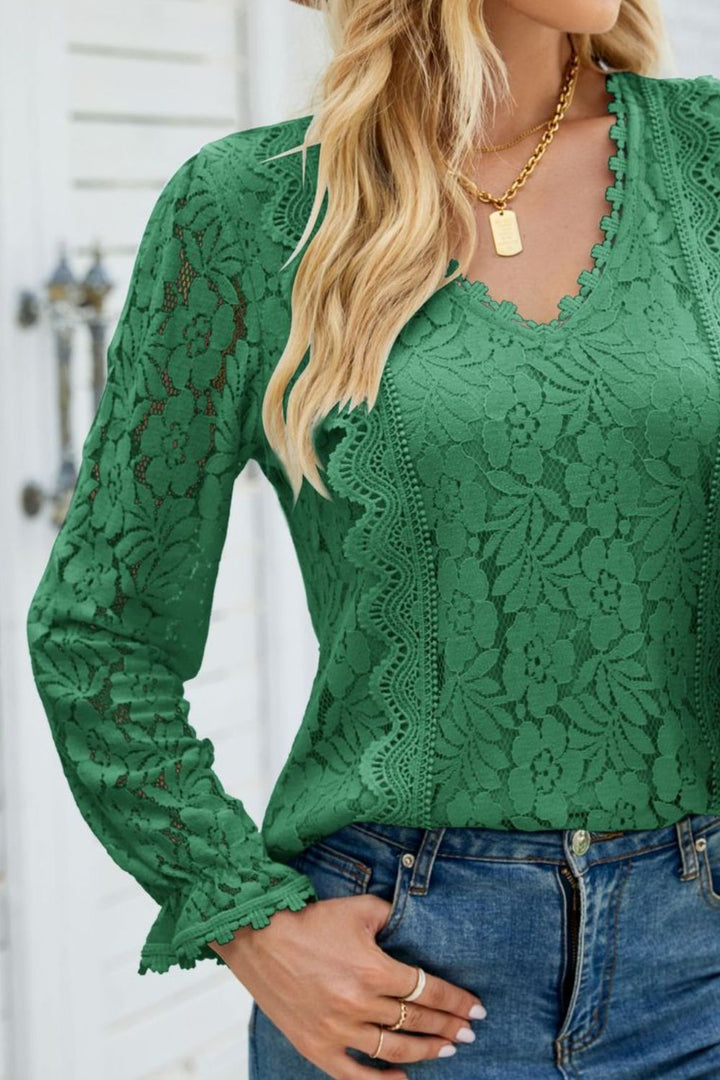 V-Neck Flounce Sleeve Lace Top - T-Shirts - FITGGINS