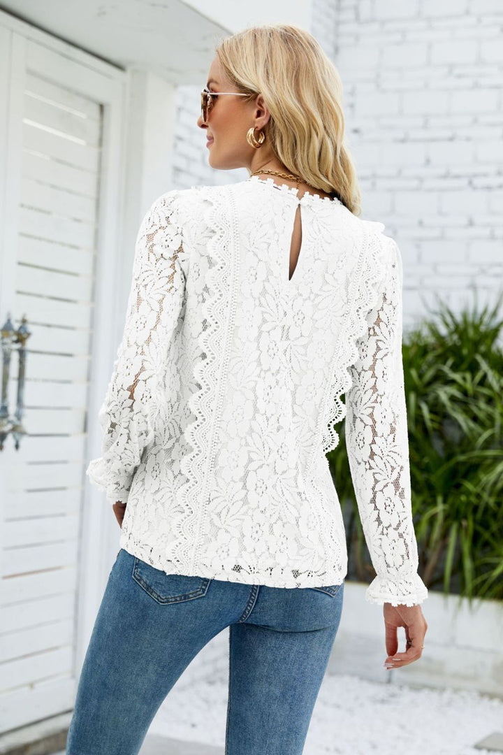 V-Neck Flounce Sleeve Lace Top - T-Shirts - FITGGINS