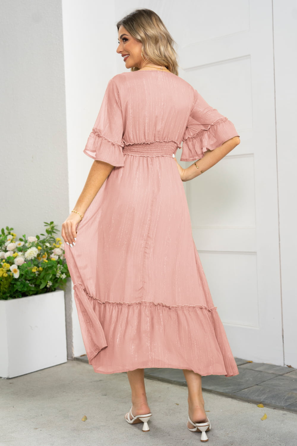 V-Neck Flounce Sleeve Smocked Waist High Slit Dress - Casual & Maxi Dresses - FITGGINS