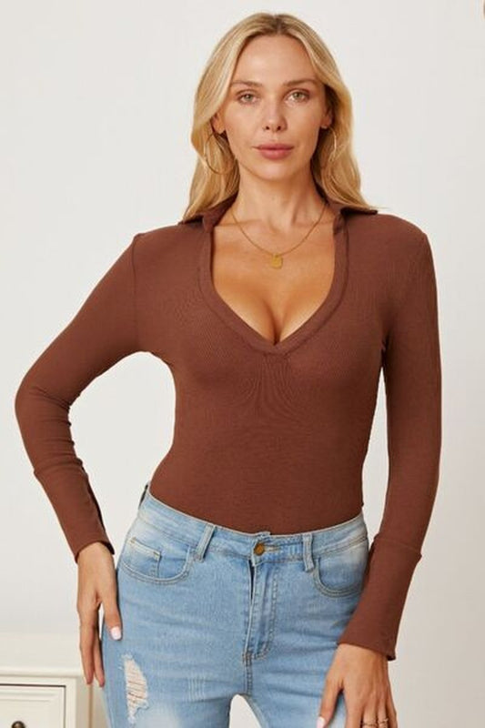 V-Neck Long Sleeve Bodysuit - Bodysuit - FITGGINS