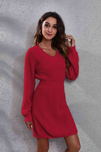 V-Neck Long Sleeve Rib-Knit Sweater Dress - Sweater Dresses - FITGGINS