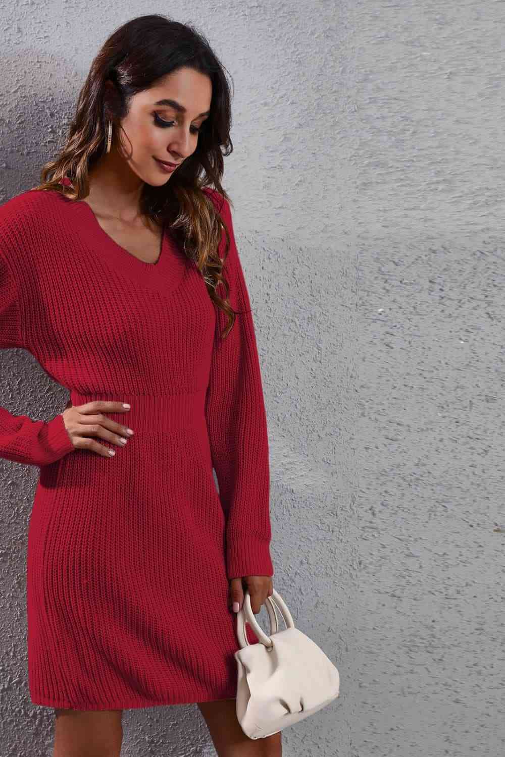 V-Neck Long Sleeve Rib-Knit Sweater Dress - Sweater Dresses - FITGGINS