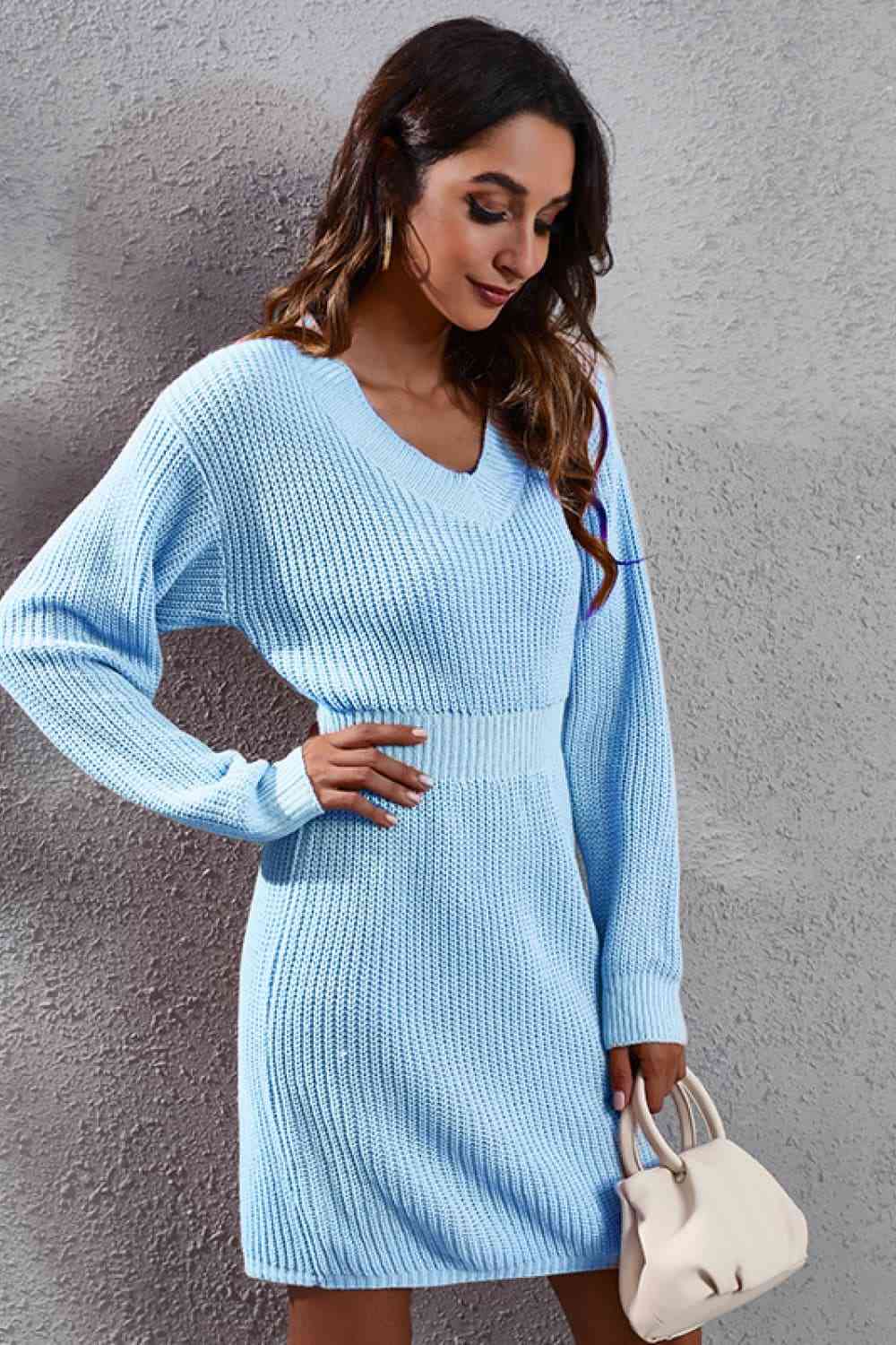 V-Neck Long Sleeve Rib-Knit Sweater Dress - Sweater Dresses - FITGGINS