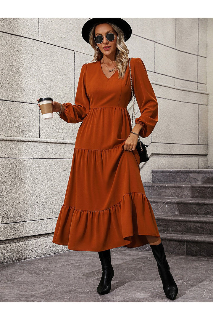 V-Neck Long Sleeve Tiered Dress - Casual & Maxi Dresses - FITGGINS