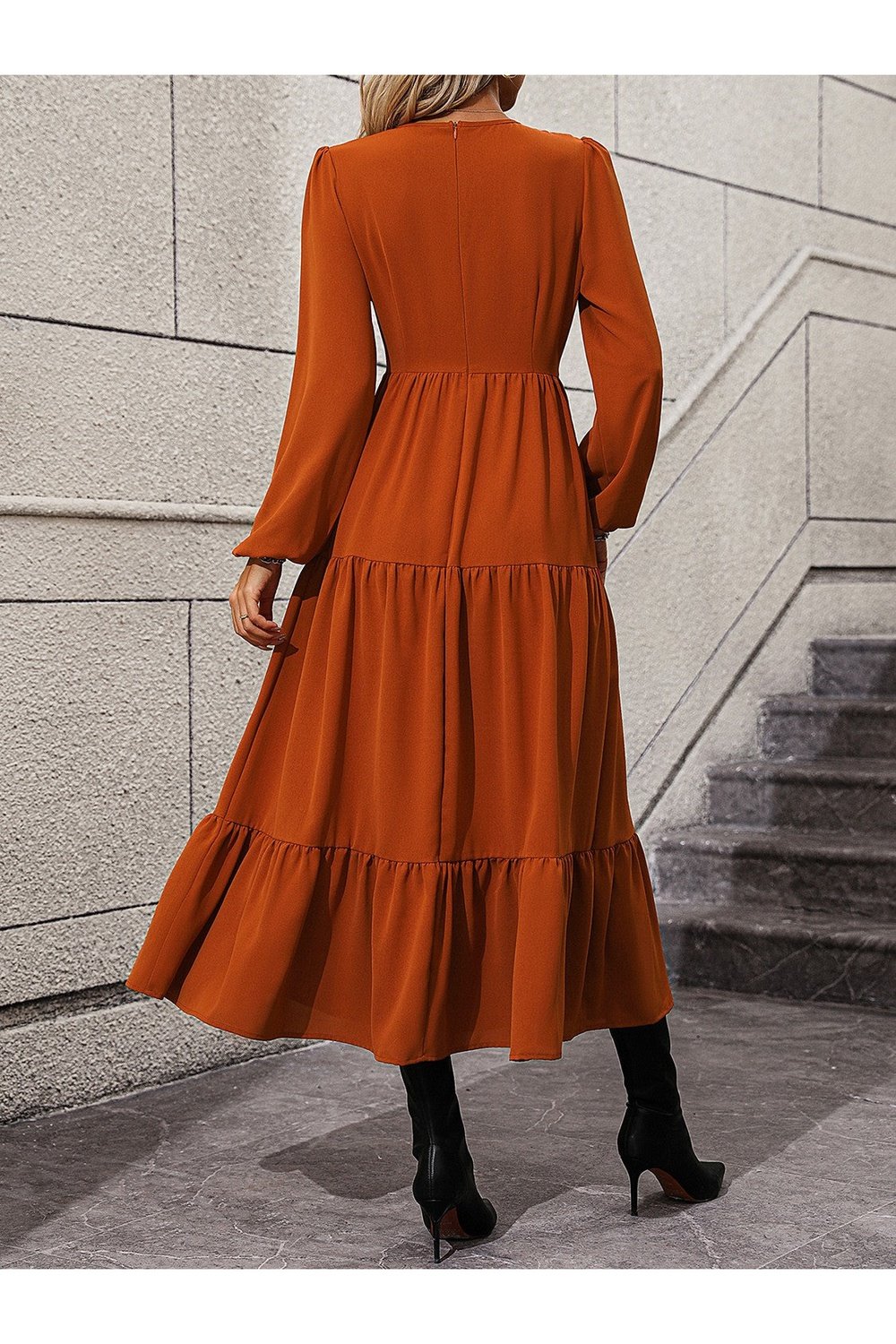V-Neck Long Sleeve Tiered Dress - Casual & Maxi Dresses - FITGGINS