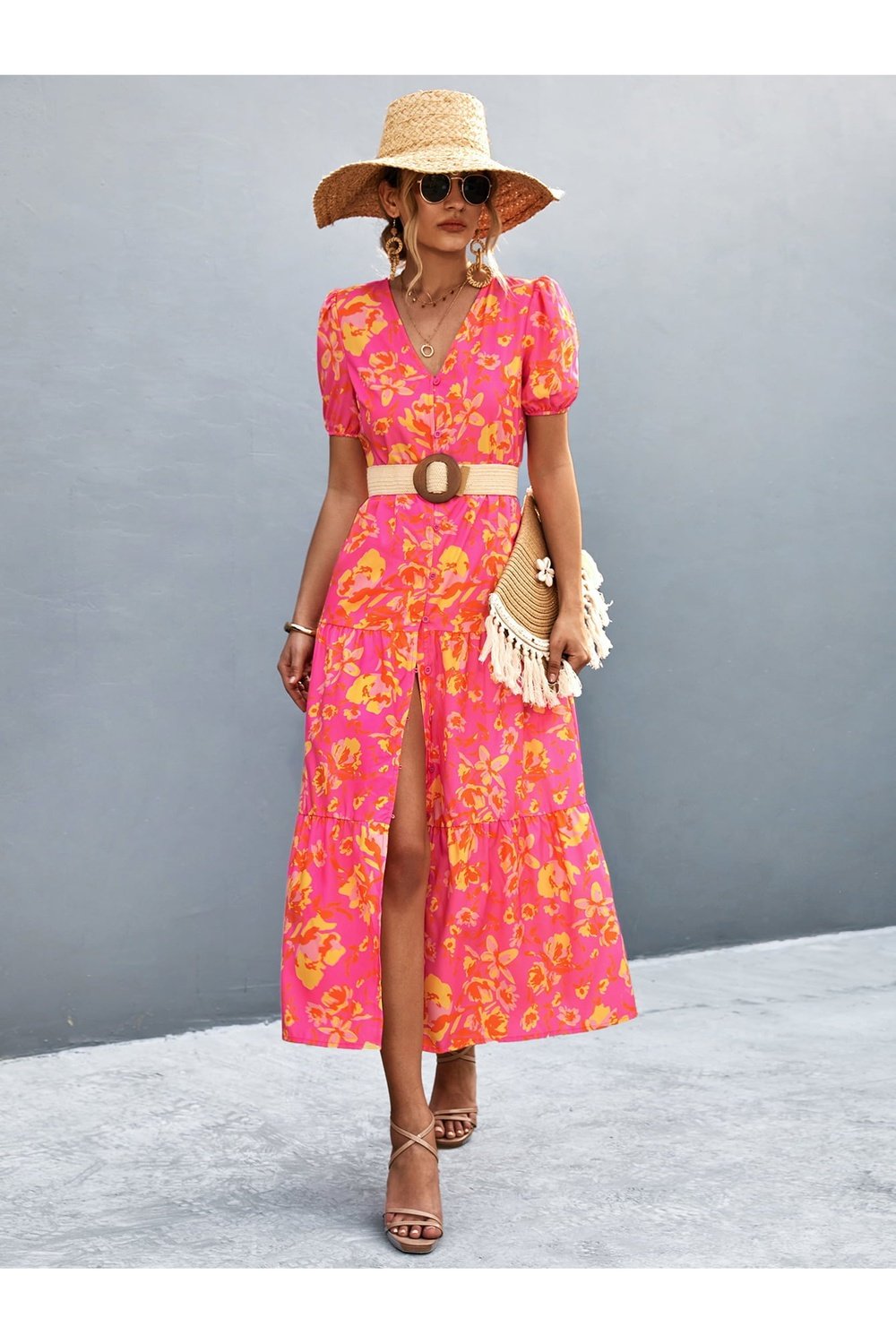 V-Neck Short Sleeve High Slit Midi Dress - Casual & Maxi Dresses - FITGGINS