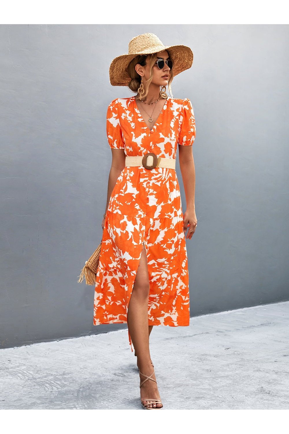 Chic V-Neck Floral Midi Dress with Slit